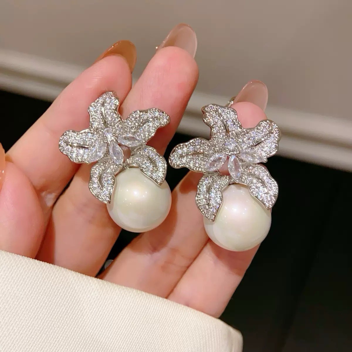 Lily Large Pearl Drop Earrings CZ Pave 925 Silver Needle Bridal Wedding Gift
