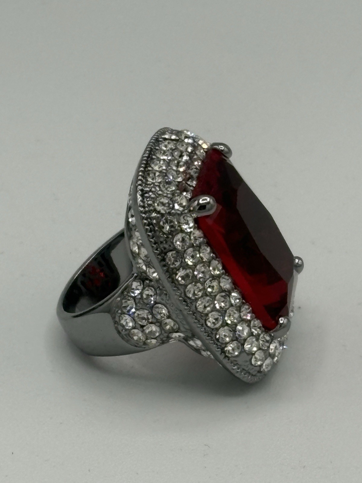 Classic Joan Boyce Ruby Red W/ White CZ Surround Rock Your Ring Size 6 EUC -1169