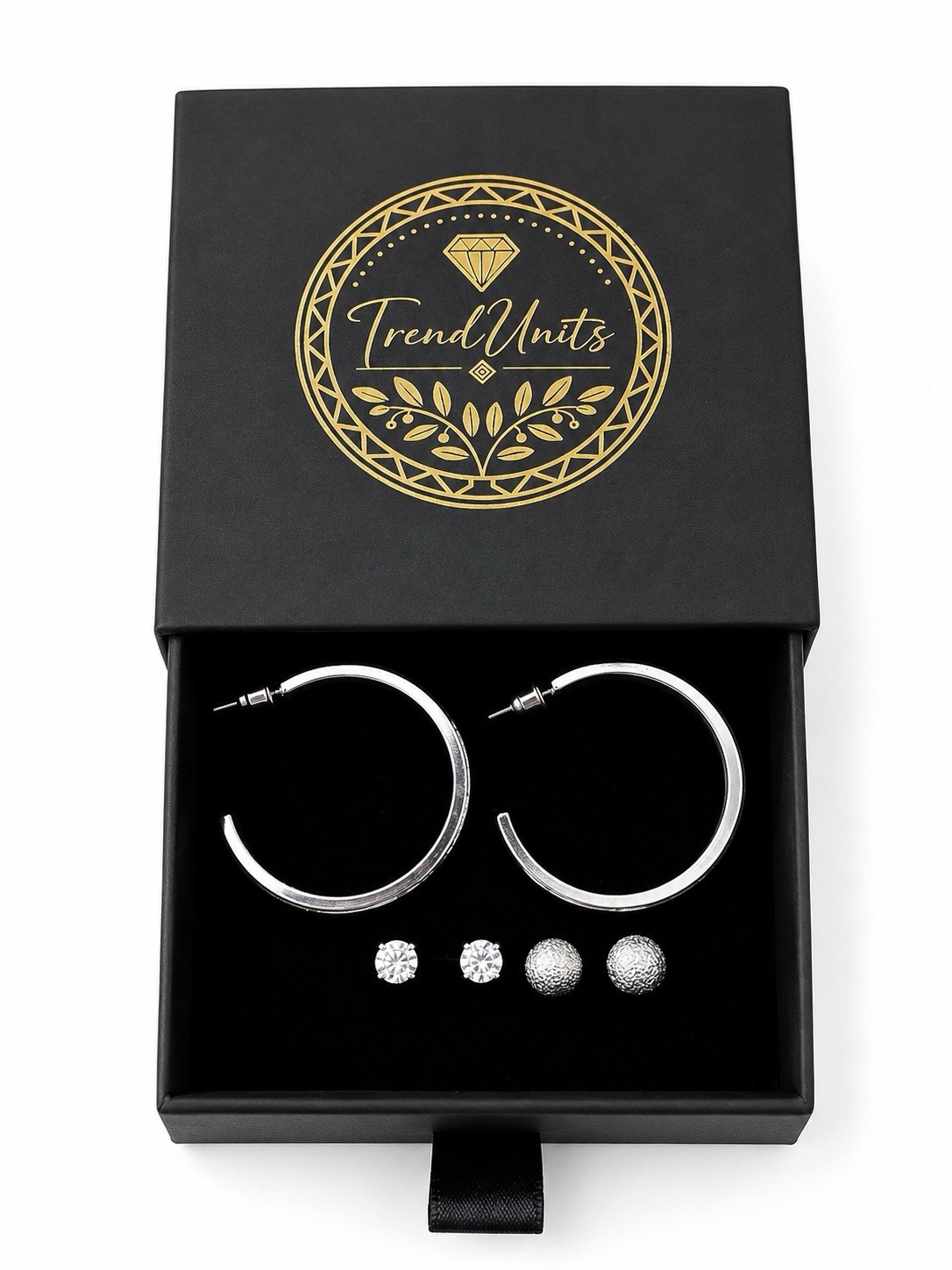 3 Pair Silver Tone Earrings Set Hoop Stud Textured Ball Gift Box Included