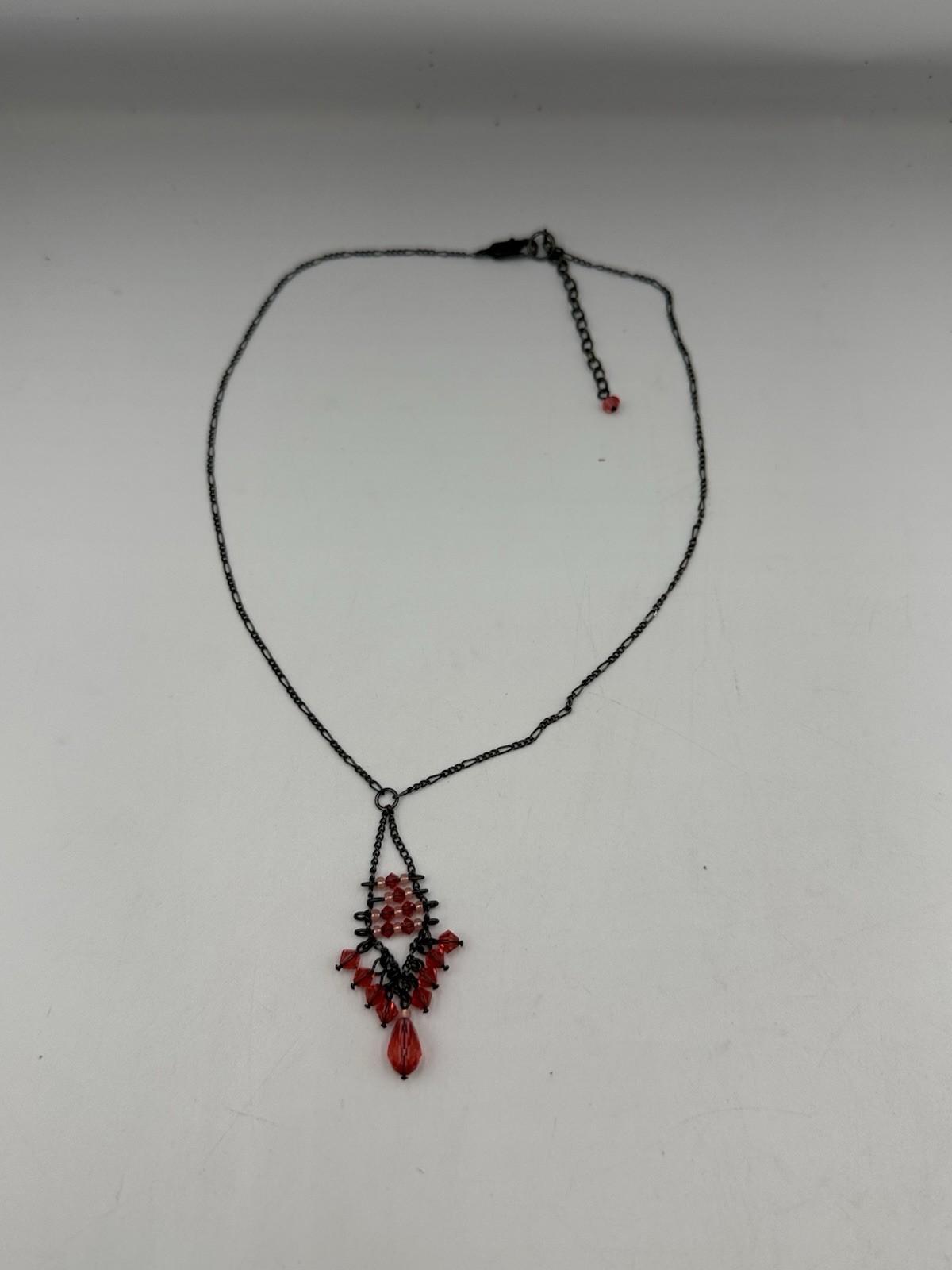 Artisan Red Crystal Beaded Pendant Necklace Gunmetal Wire Wrapped Chandelier