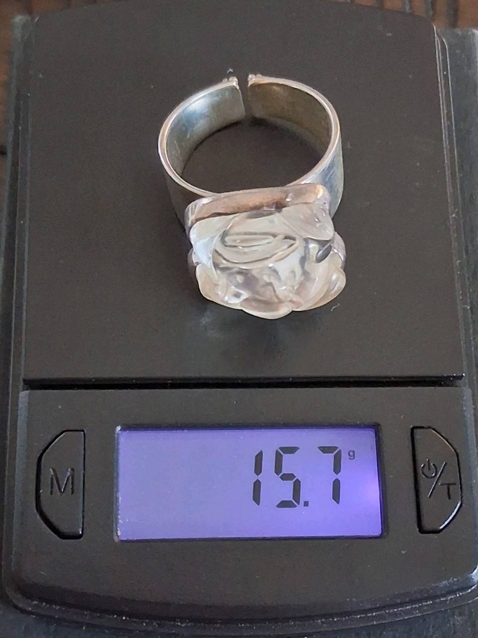 Hand Carved Rock Crystal Quartz Frog Statement Ring Size 10 Sterling Silver NIB