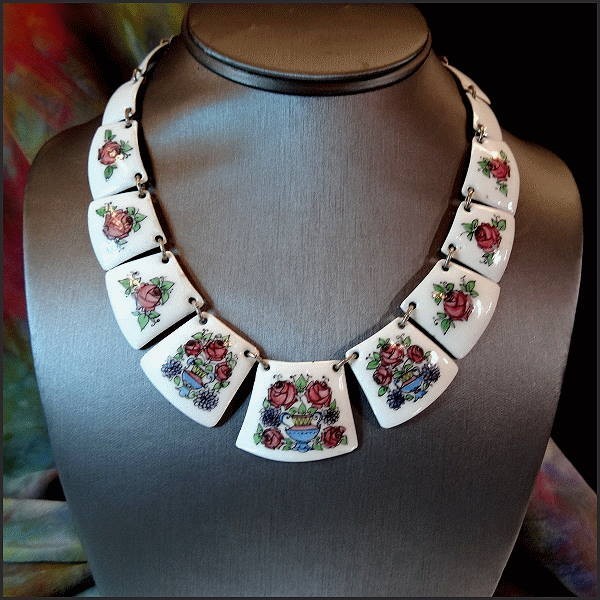 1960s 1970s Art Nouveau Style Floral Vintage Copper Enamel Panel Necklace