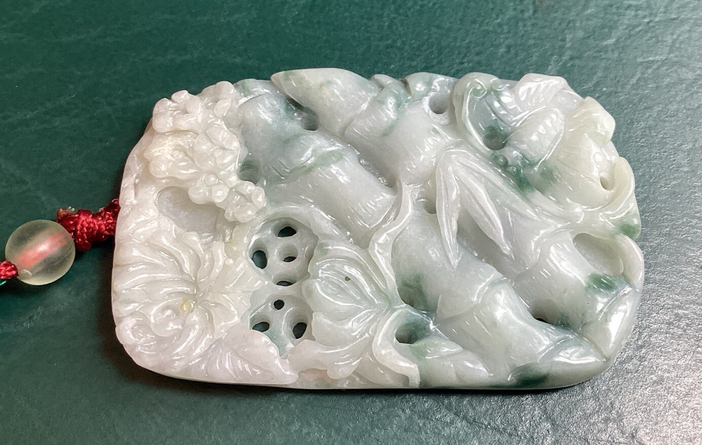 Light Tan & Green 1 Sided Jadeite Bamboo & Butterfly Translucent Pendant