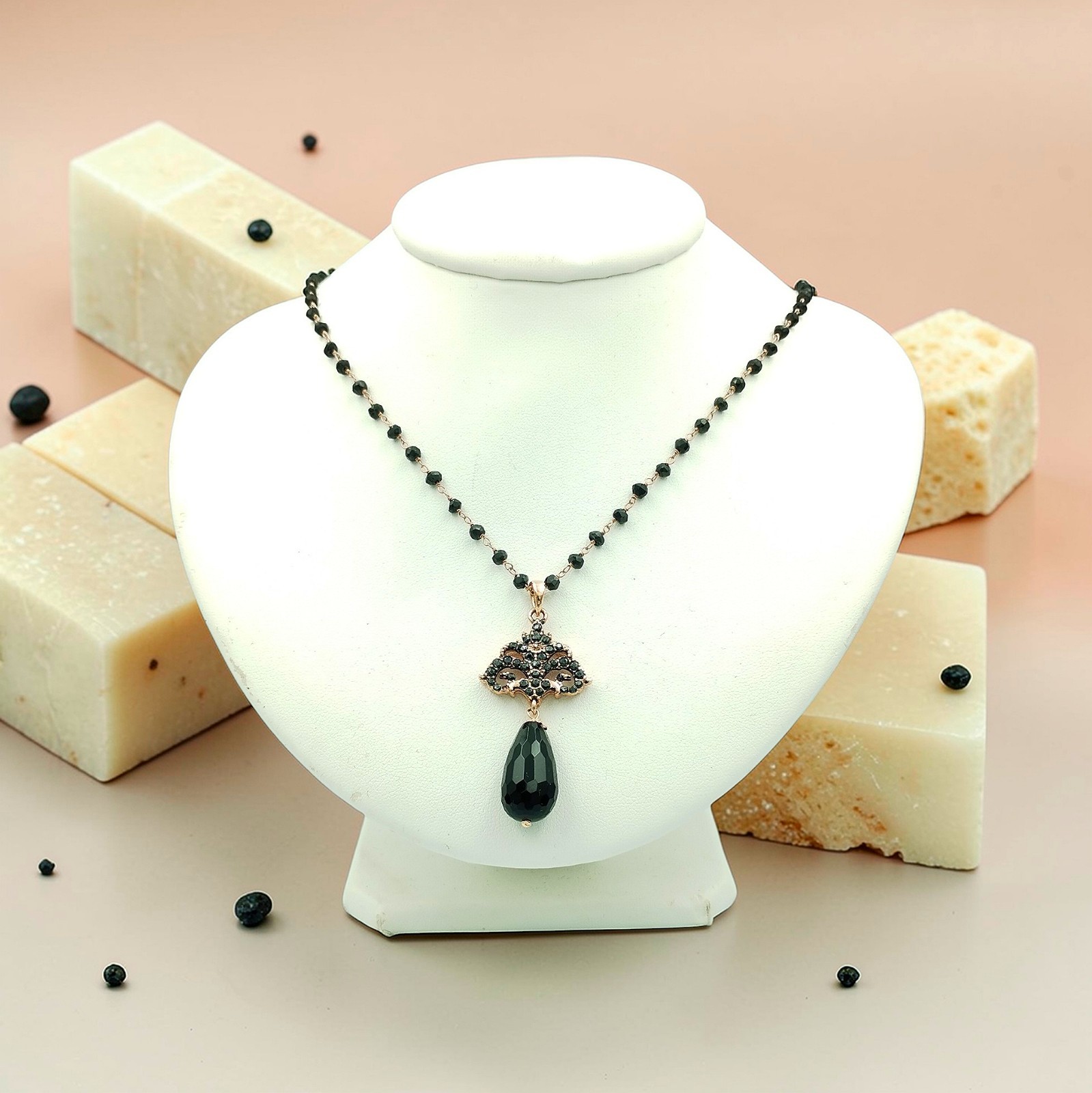 Victorian Pink Silver Pendant with Black Spinels and Handmade Onyx