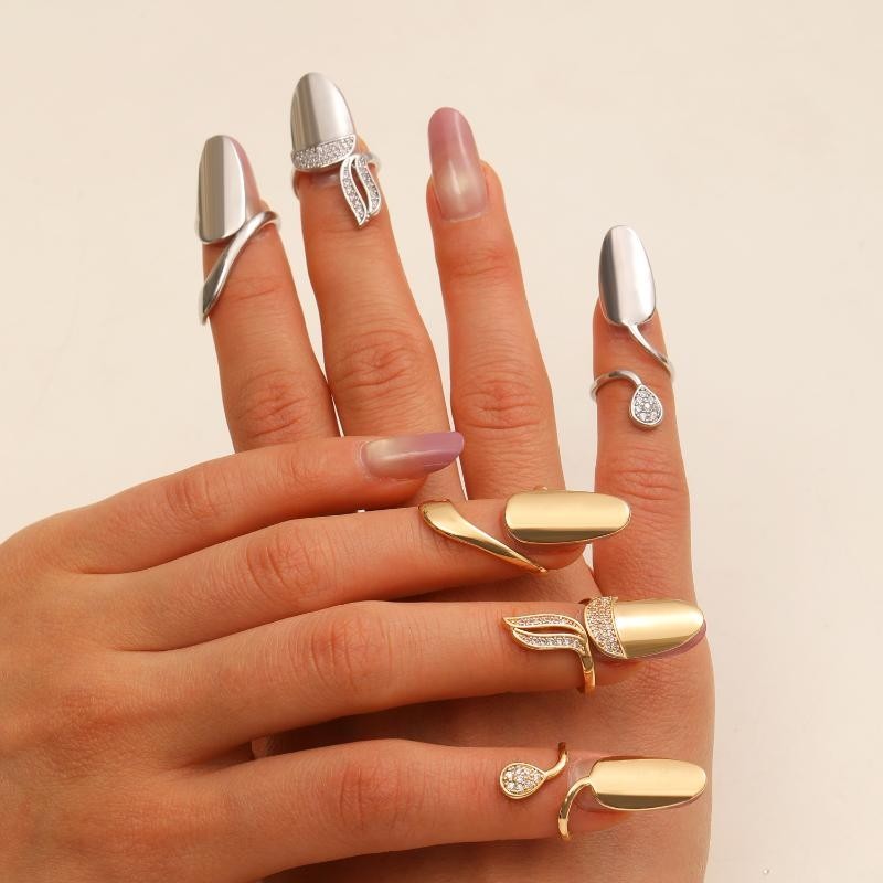 3PCS Detachable Zircon Nail Rings Gold Silver Reusable Nail Cover Finger Jewelry