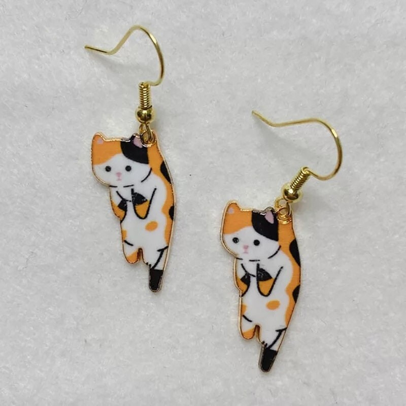 Hanging Cat Earrings tan black white orange kitty tabby calico tan