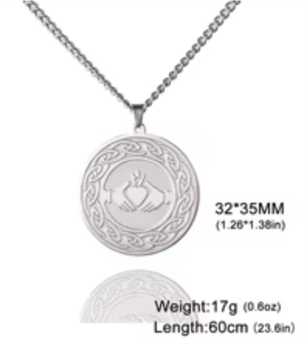 Stainless Steel Claddagh Heart Pendant Necklace with 60cm curb chain