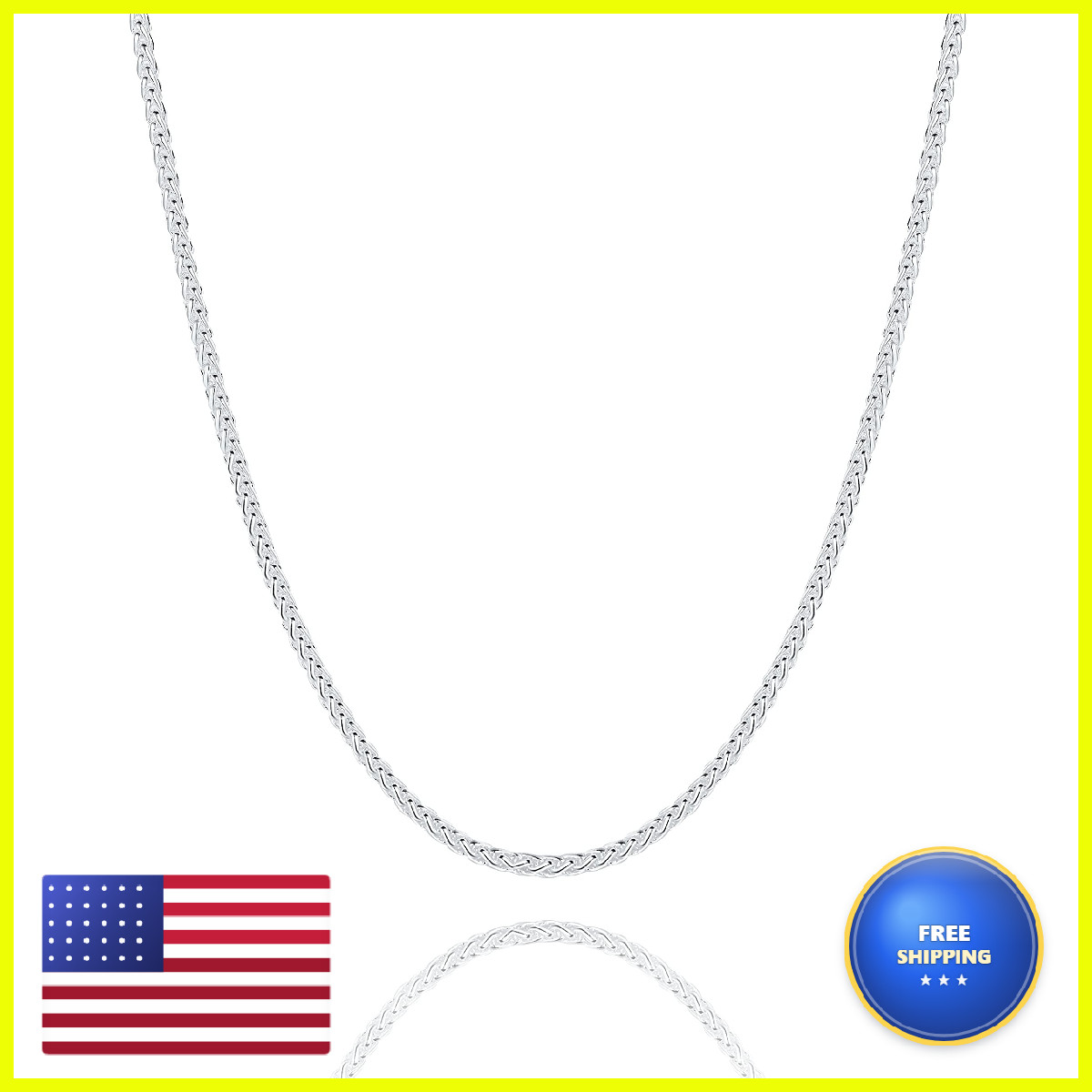 Waitsoul 925 Sterling Silver Wheat Chain Lobster Clasp 2Mm Silver Necklace