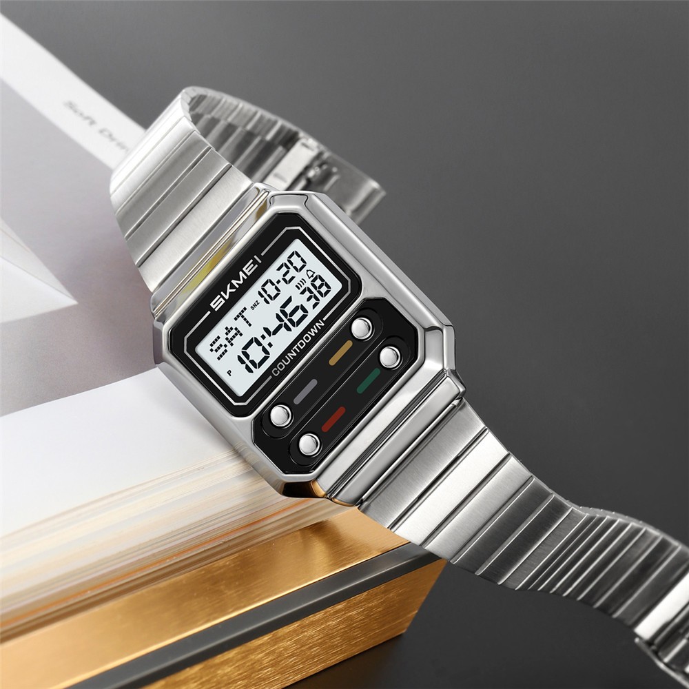 SKMEI Men Watch Rectangle Dial Steel Wristwatch Fashion Male Sport LED Watch