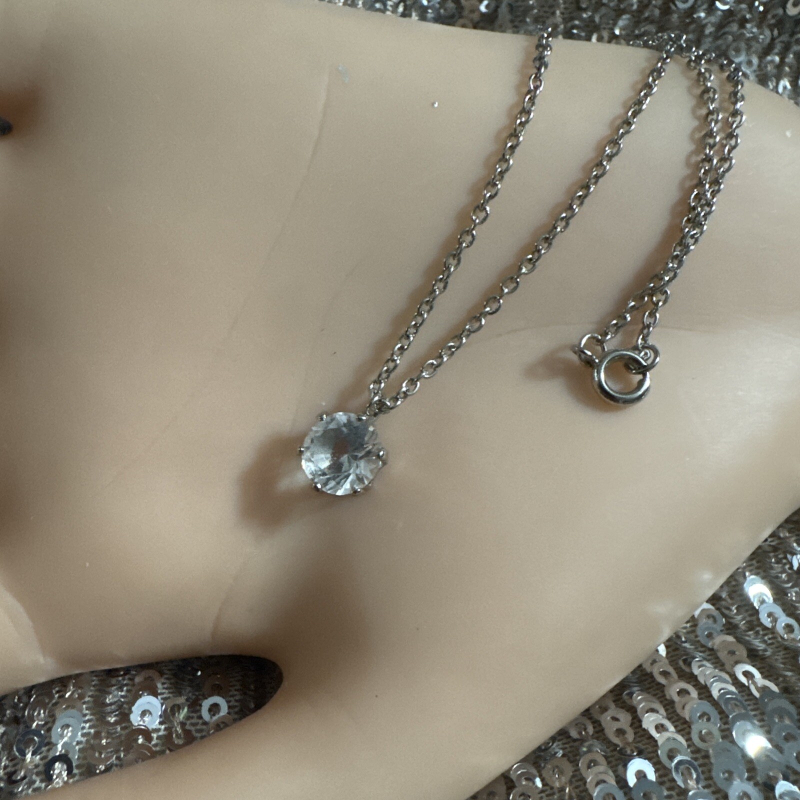 BEAUTIFUL SOLITAIRE ONE CARAT DIAMONDITE AND PRETTY CHAIN MID CENTURY SO NICE