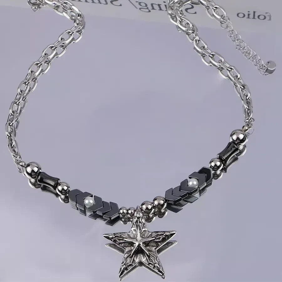 Gothic Retro Star Pendant Necklace Grunge Beaded Titanium Steel Punk Unisex Gift