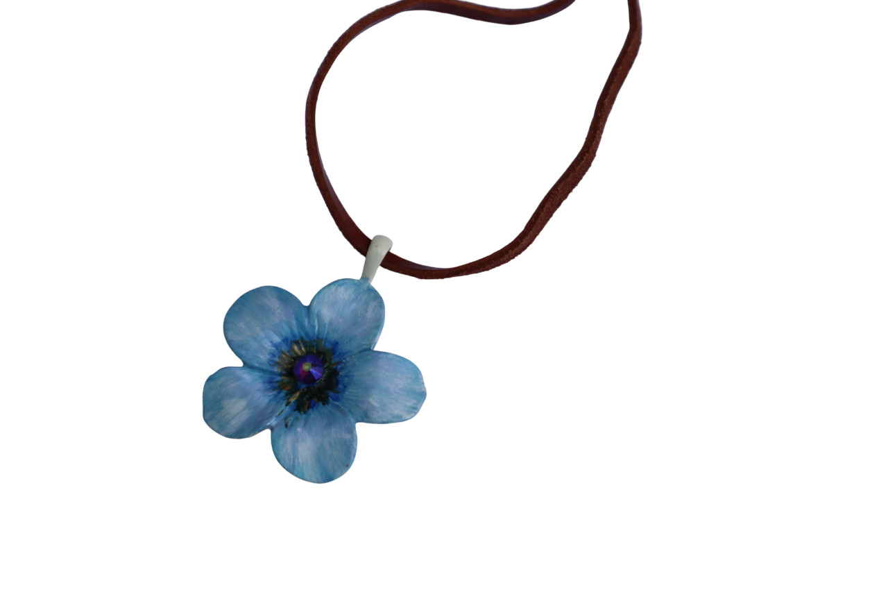 Handmade Large Flower Pendant Leather Necklace Painted Floral Bohemian Jewelry
