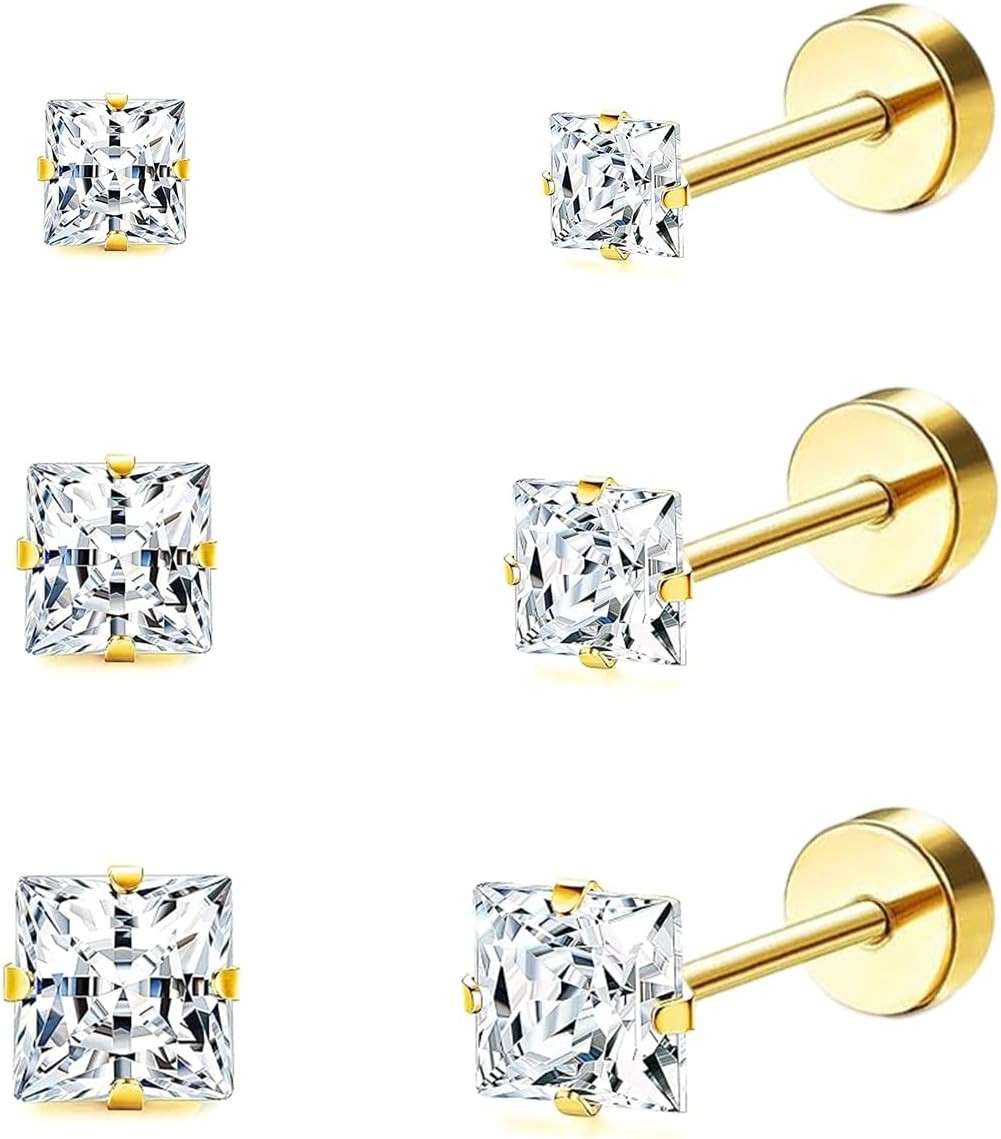 3-5 Pairs Square Earrings Set for Men Women, 14K Gold Filled Princess Cut Clear
