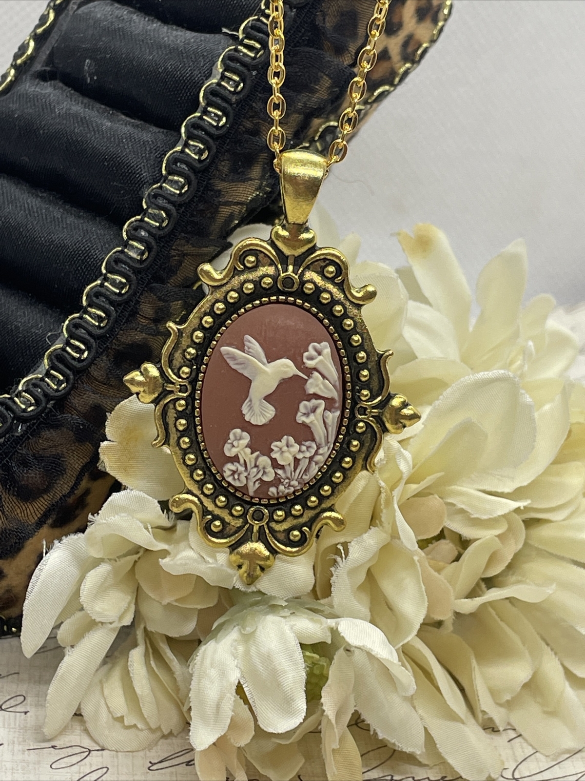 Anniversary Gold Cameo Hummingbird Easter Mother’s Day Birthday wedding Necklace