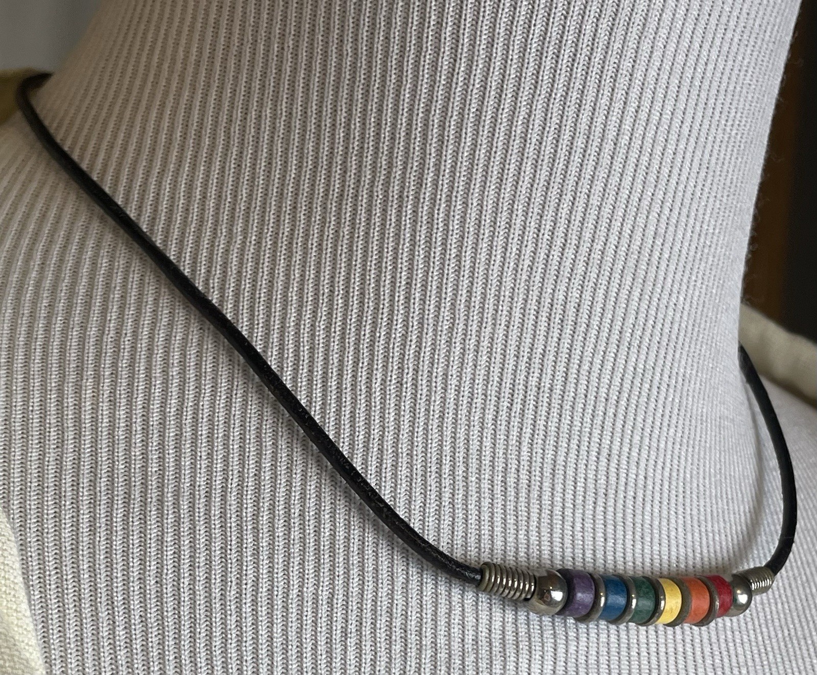 Vtg Real Silver Ceramic Beads Necklace 16” Multicolor Black Leather Cord