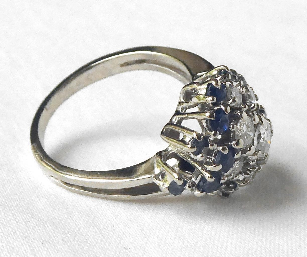 Vintage 14k White Gold 1.50 ctw Diamond Sapphire Waterfall Cluster Cocktail Ring