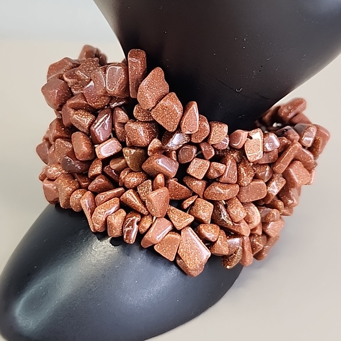Vintage Goldstone Bracelet Chip Beaded Stretch 3cm Wide