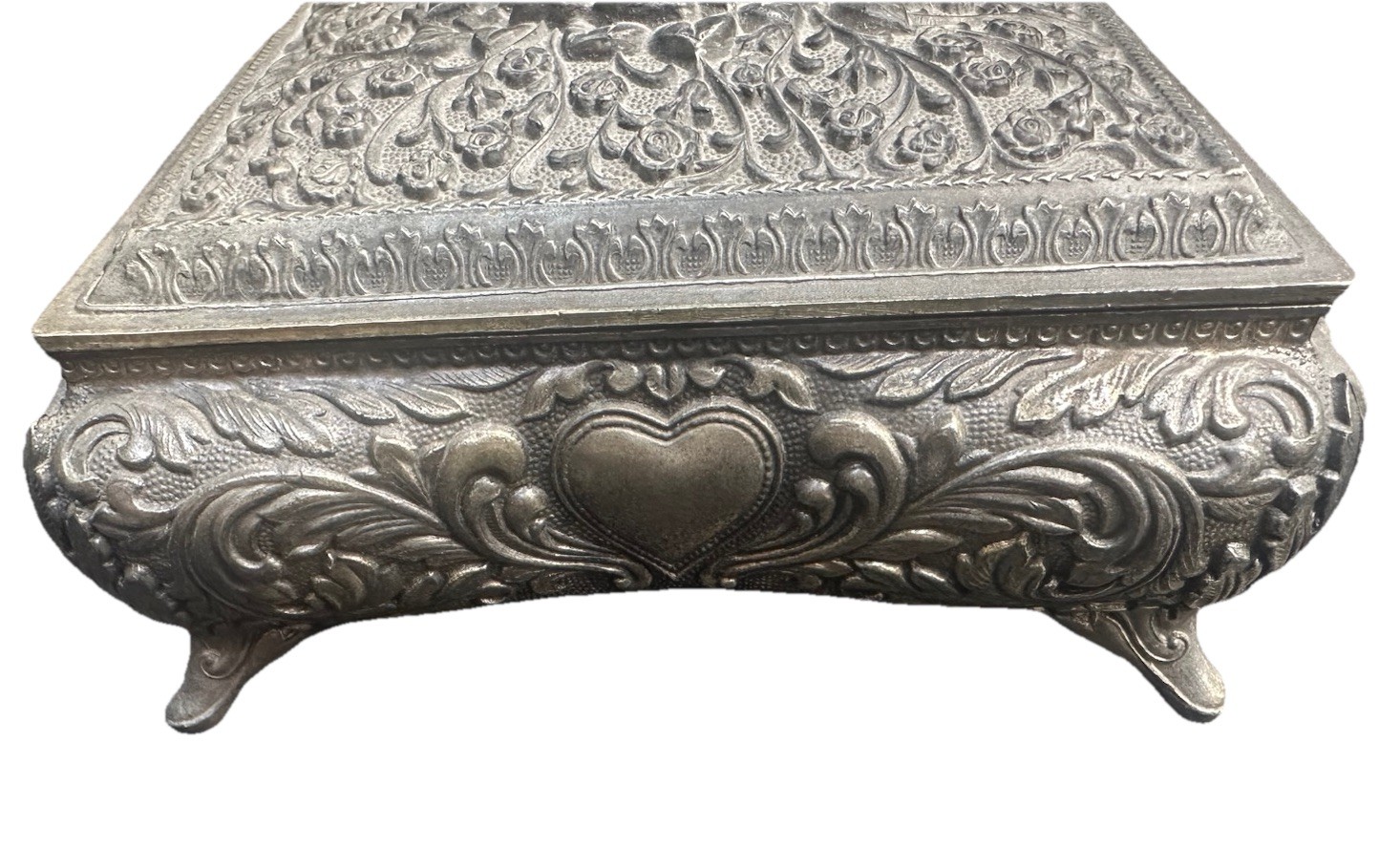 Silver Red Velvet Lined JAPAN Heavy Ornate Jewelry Keepsake Box Footed Vintage