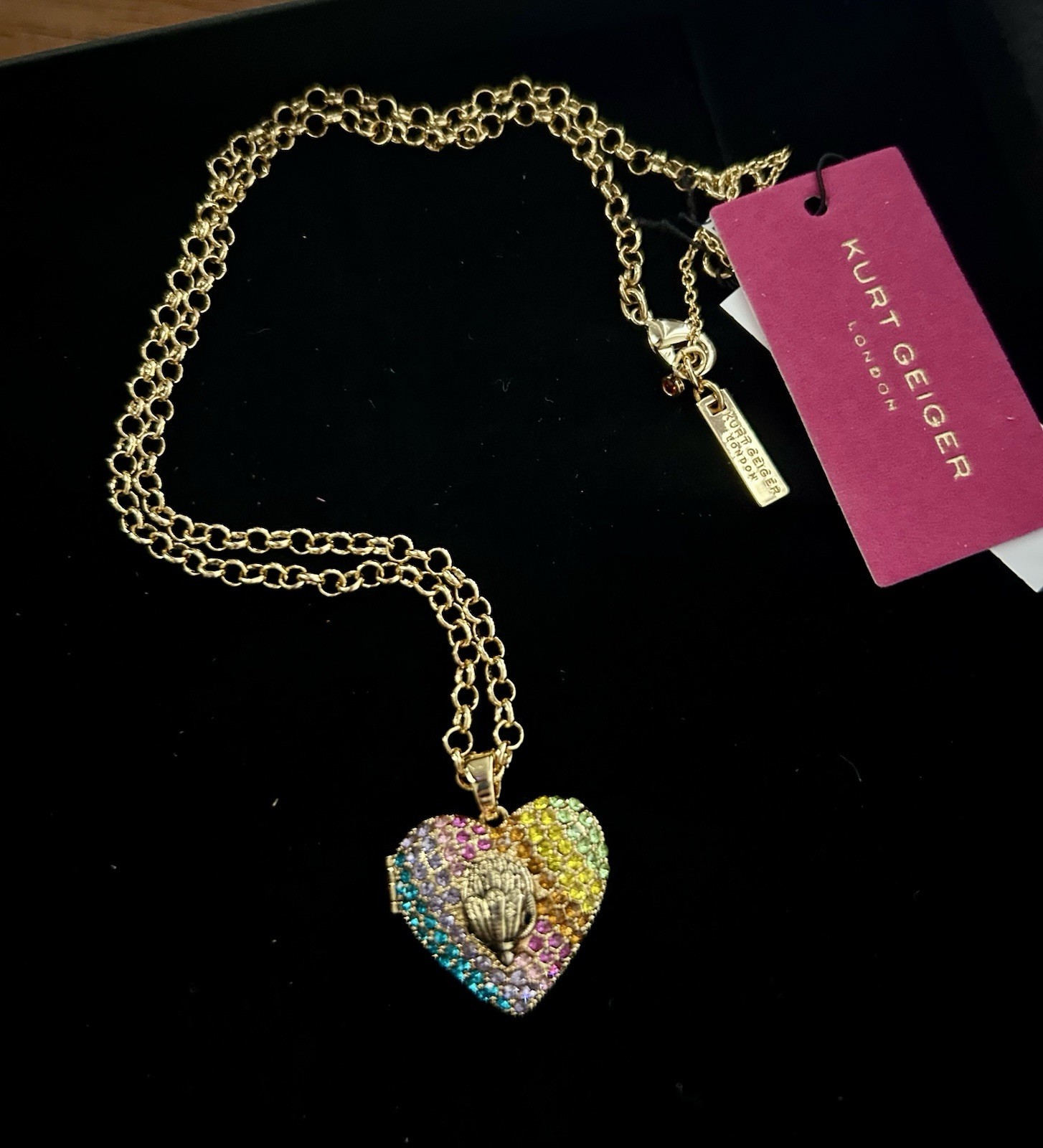 Kurt Geiger Heart Charm Locket Pendant Necklace Multicolor Pavé Crystal Gold