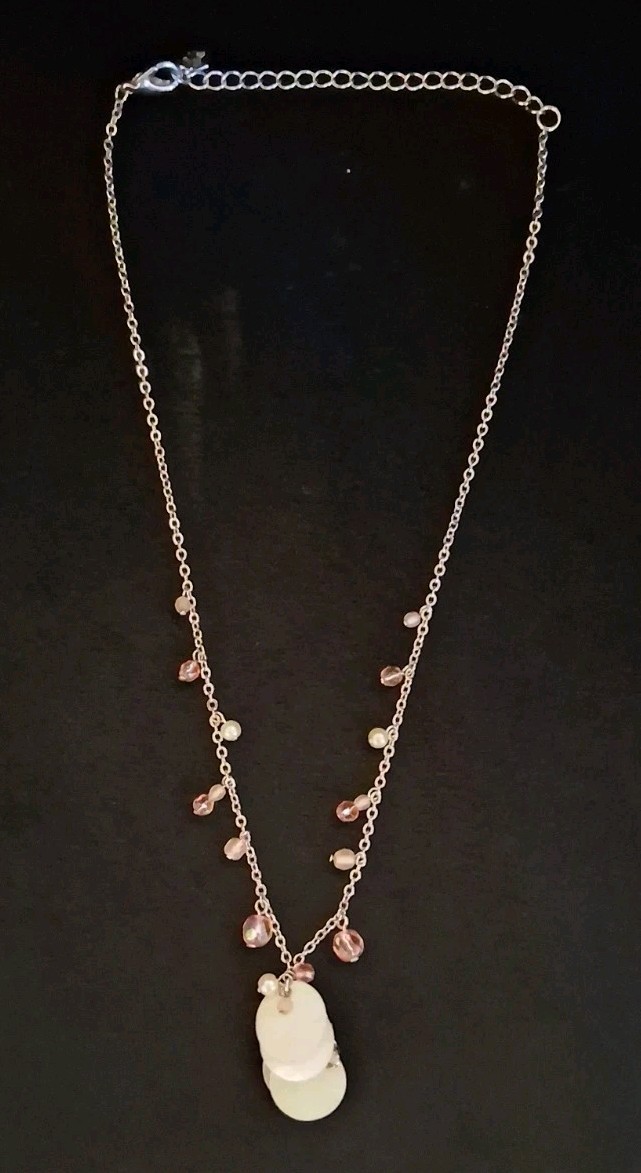 Cookie Lee Mother of Pearl Shell Necklace Pink Crystal Bead Short Statement 18″