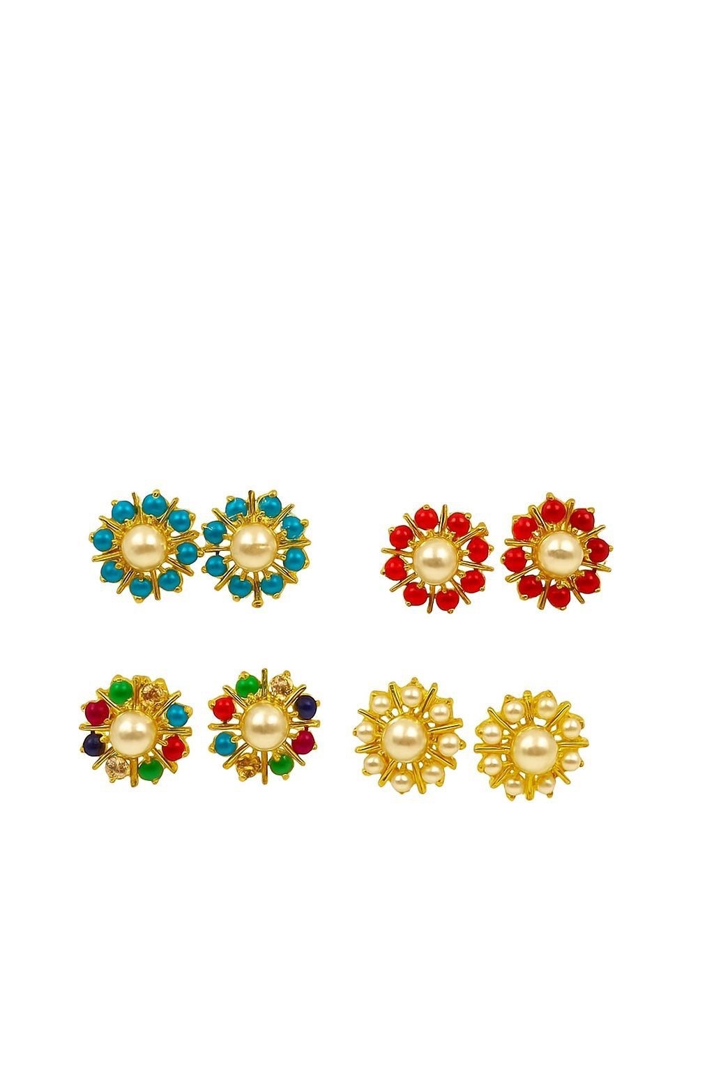 Handmade Turquoise, Coral & Pearl Gem Stud Earrings Set | Gold Plated Jewelry
