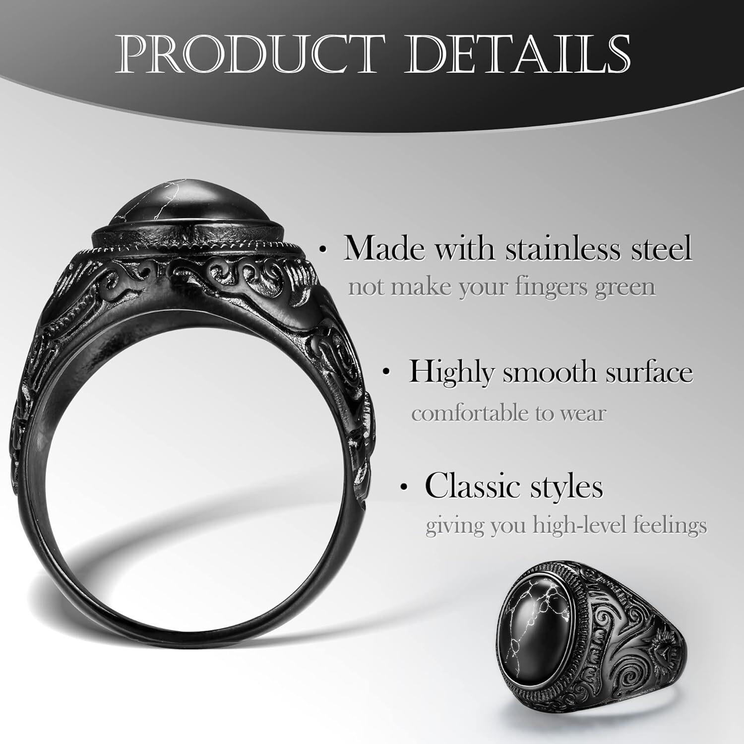 Stainless Steel Retro Tiger Eye Stone Ring,Black Onyx Oval More Color Stone Ring