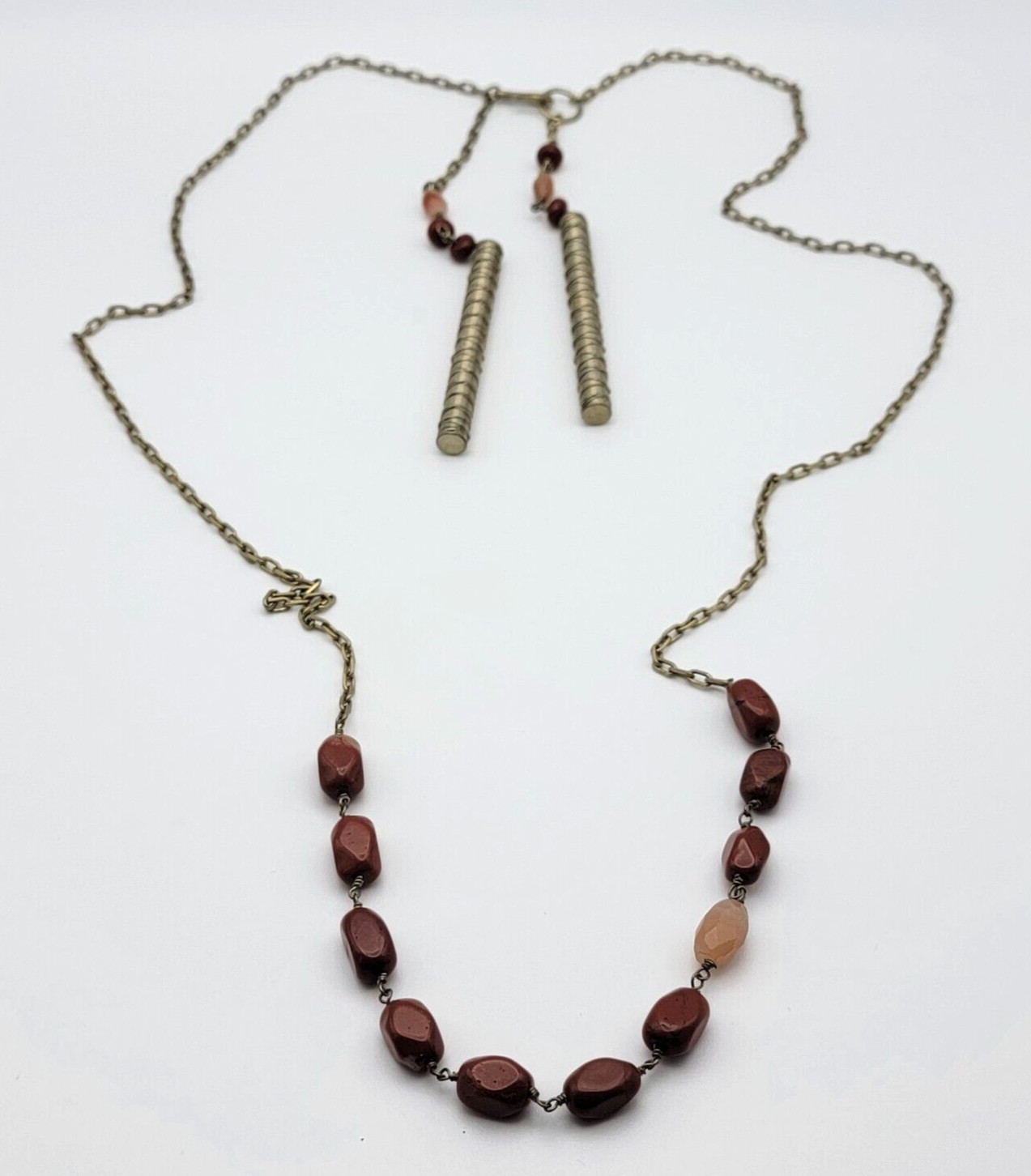 Vintage KCR Natural Bloodstone Bead Brass Necklace 33 Inch Hook Clasp Signed