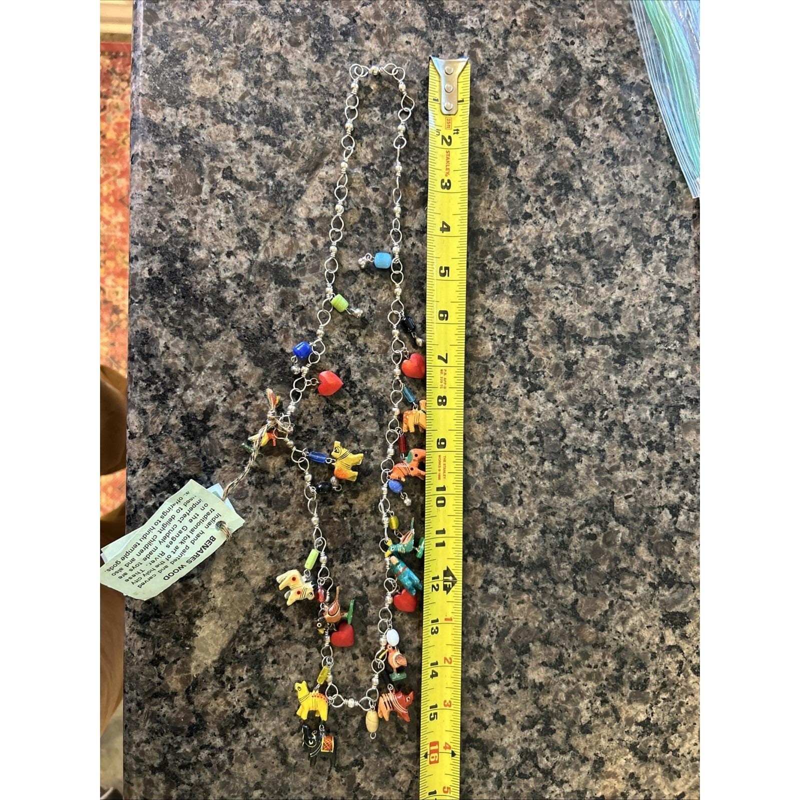 Vintage Tropicana Necklace Silver Wooden Animals Birds Chain Parrot Hearts 14″