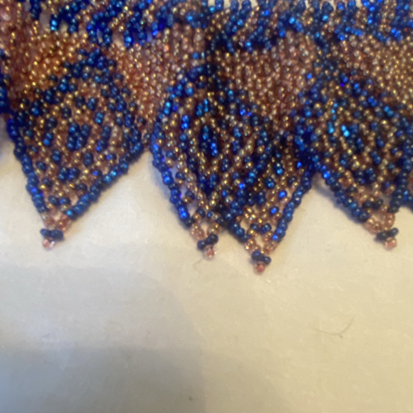 Vintage Blue & Brown Glass Beaded Geometric Bib Choker Necklace Adjustable 10in