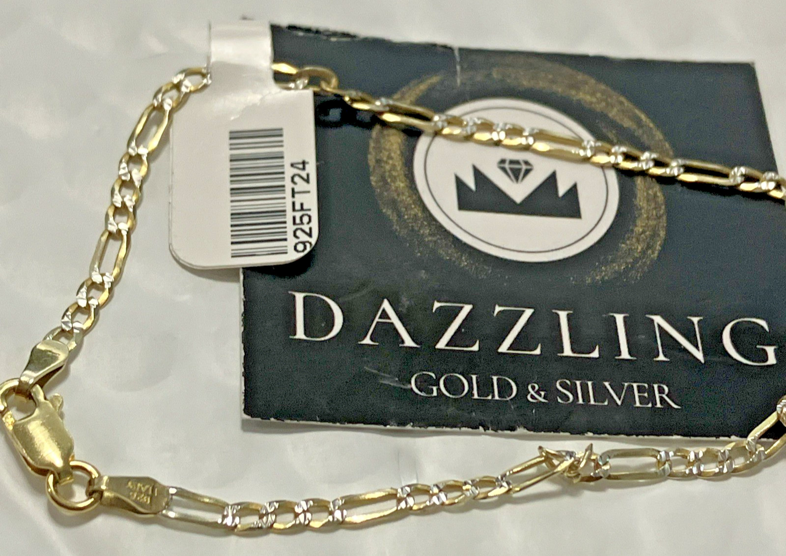925 Sterling Silver Italy Solid Figaro Bracelet 2Tone-Gold 2.4grams 2.7mm 8” New