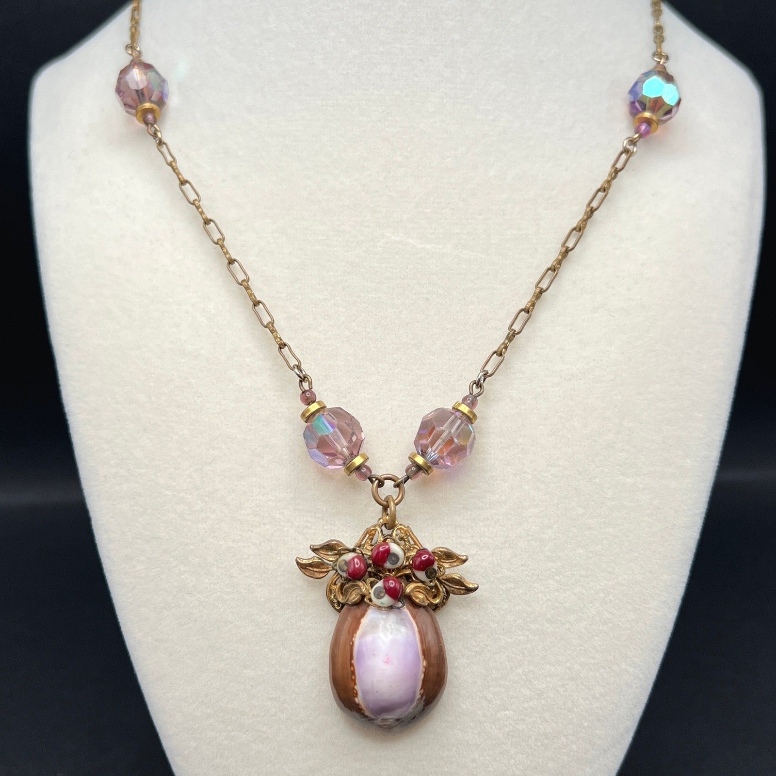 Vintage Cowrie Shell Necklace Purple AB Crystal Gold Tone Fairy Coastal Ethereal