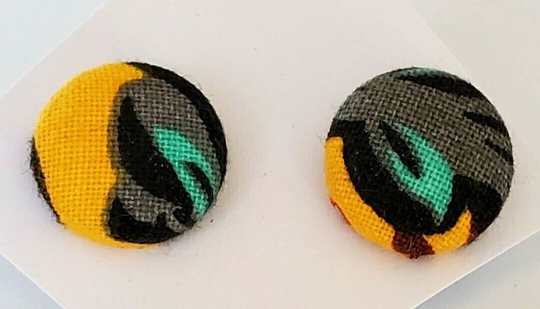 Yellow,Turquoise Blue Black Gray Fabric Button Pierced Earrings New – Hand Made