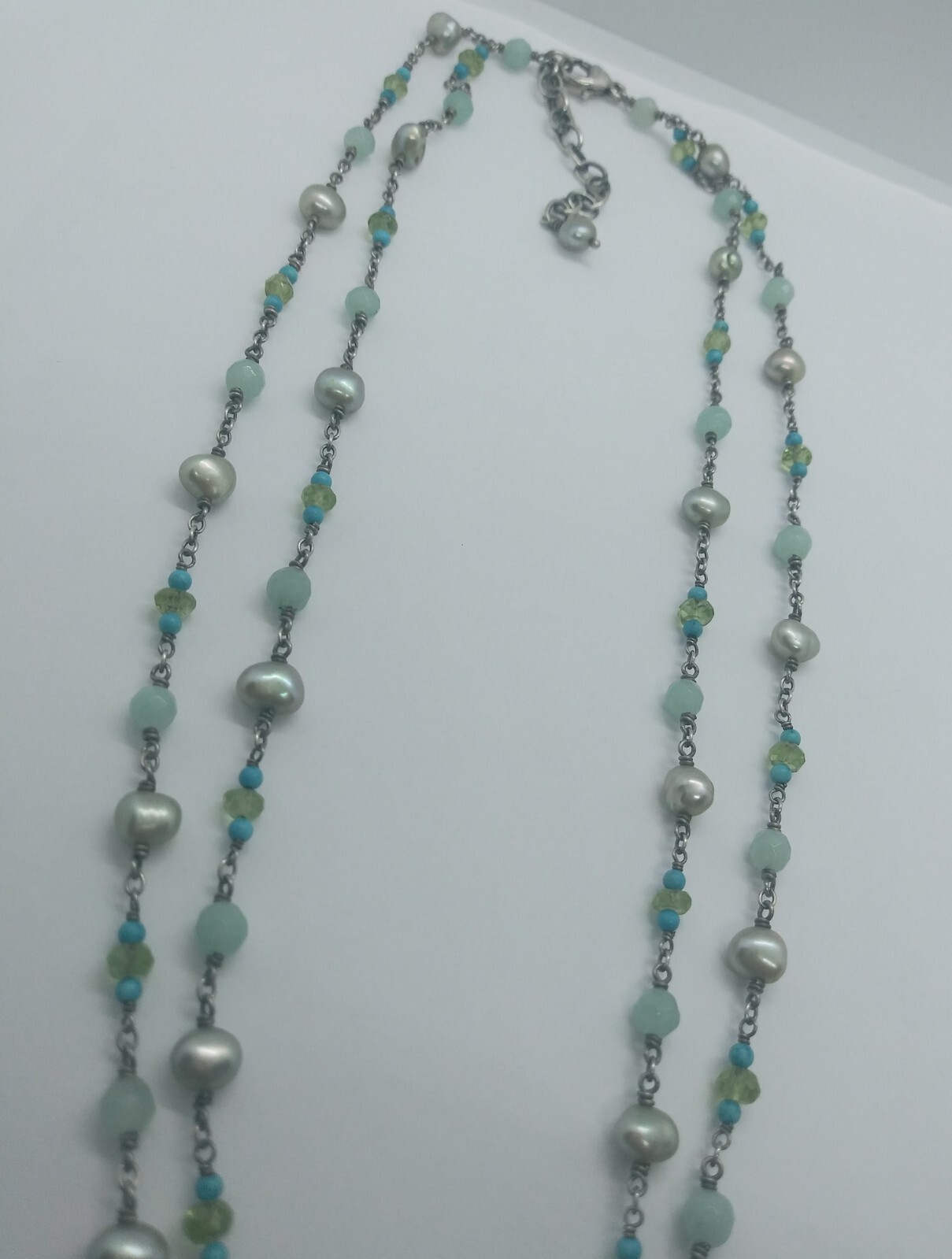 Sterling Silver Turquoise and Peridot Double Stranded Necklace Signed Harmony