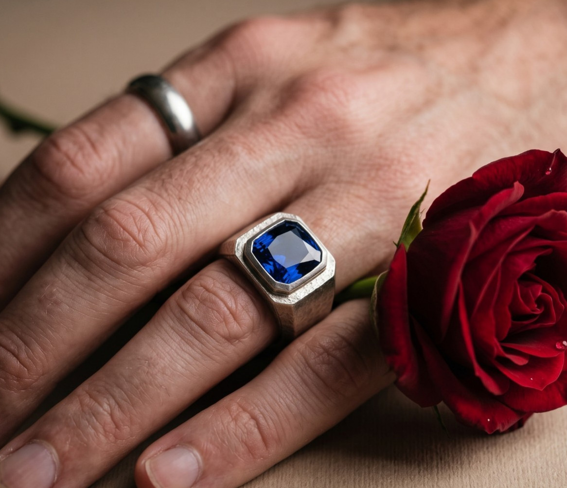 Lab-Grown Blue Sapphire Men’s Signet Ring in 925 Sterling silver Gift for him