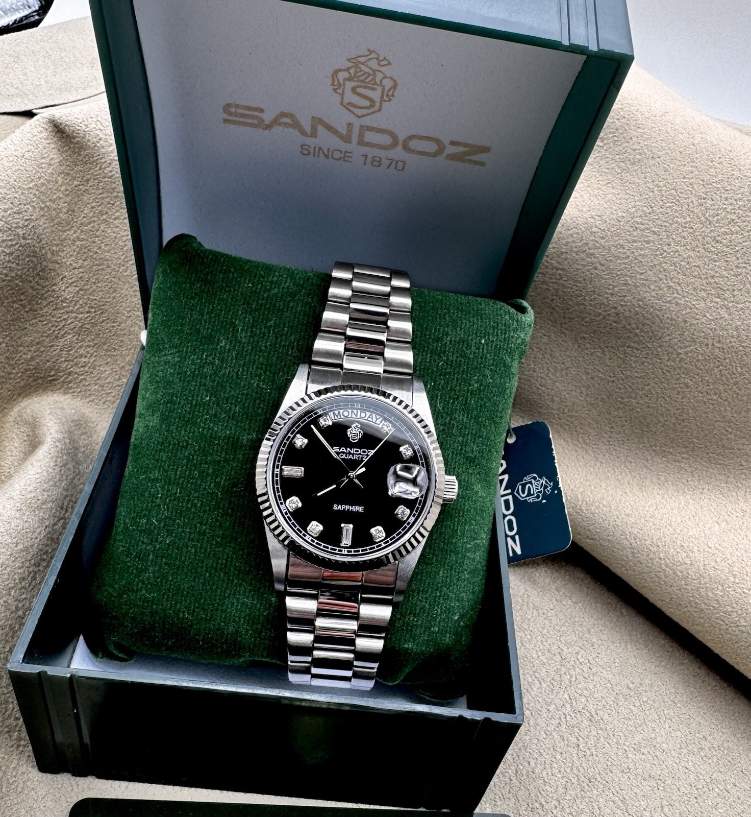 RARE SANDOZ QUARTZ PRESIDENT Silver Sapphire Diamond Black Dial Watch NO G2U