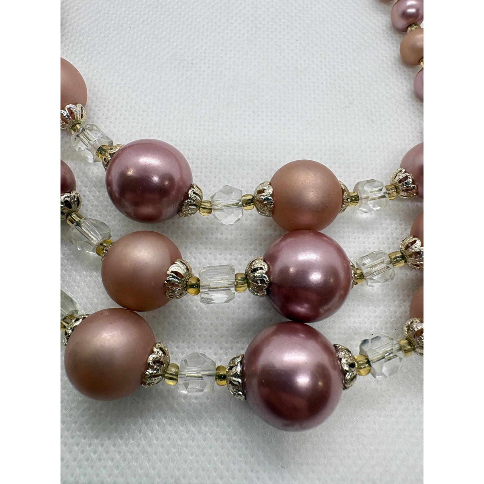 Vintage Japan Triple Strand Faux Pearl Necklace Mauve Rose Graduated Beaded