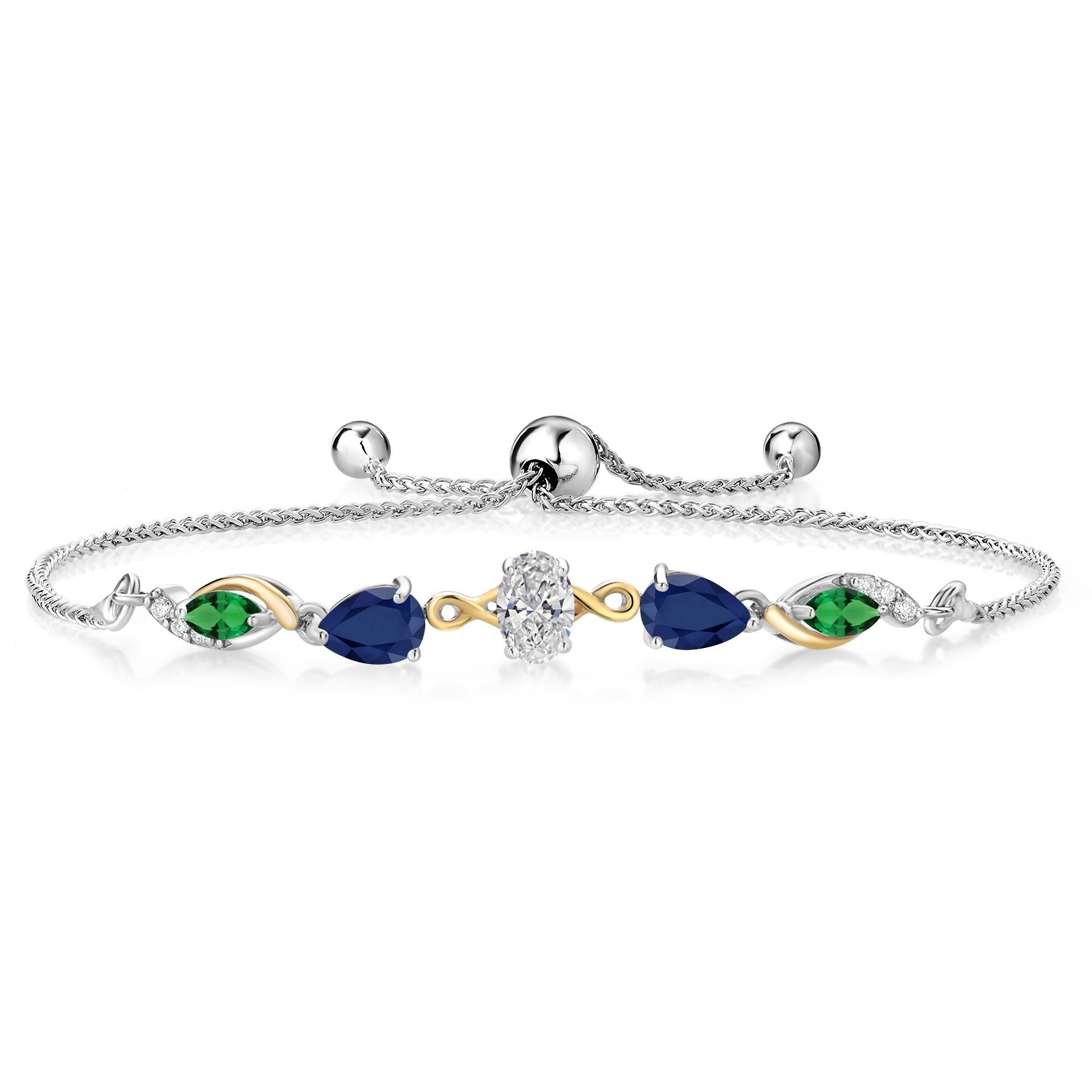 925 Silver and 10K Yellow Gold Lab Grown Diamond, Sapphire and Nano Emerald