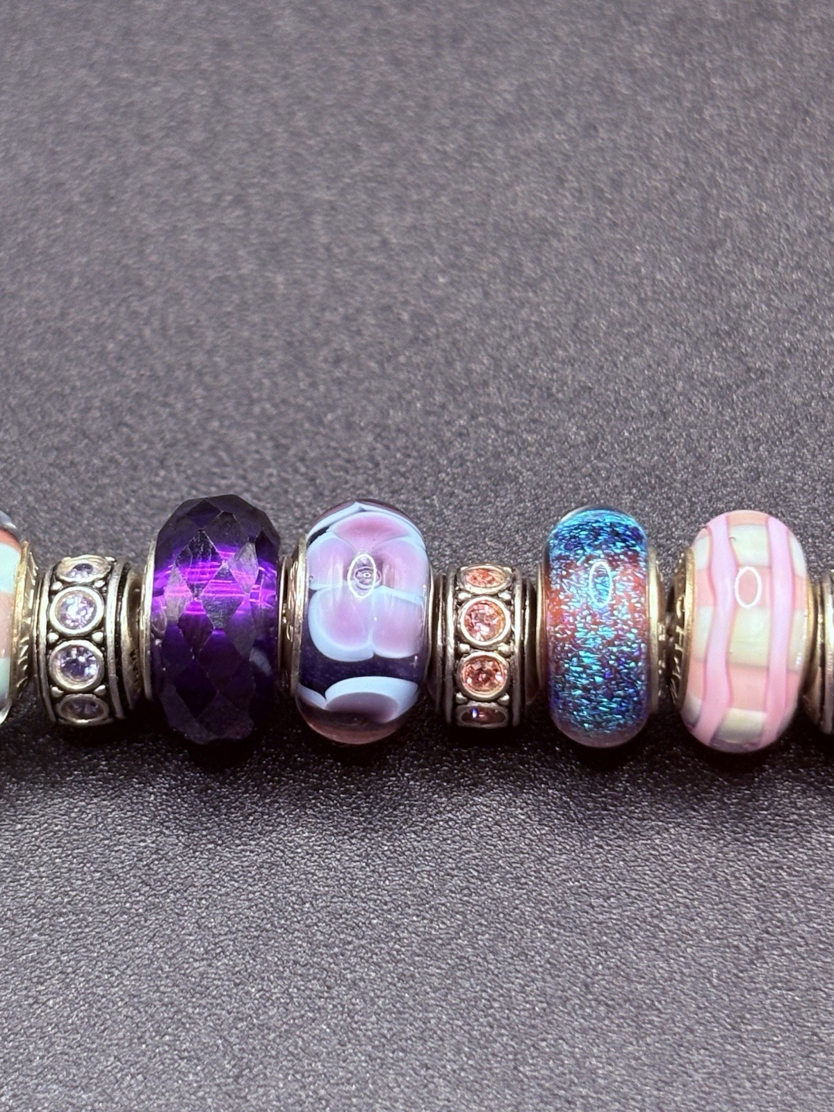 Chamilia Sterling Silver 925 Charm Bracelet 15 Murano Glass CZ Beads 7.5” 51g