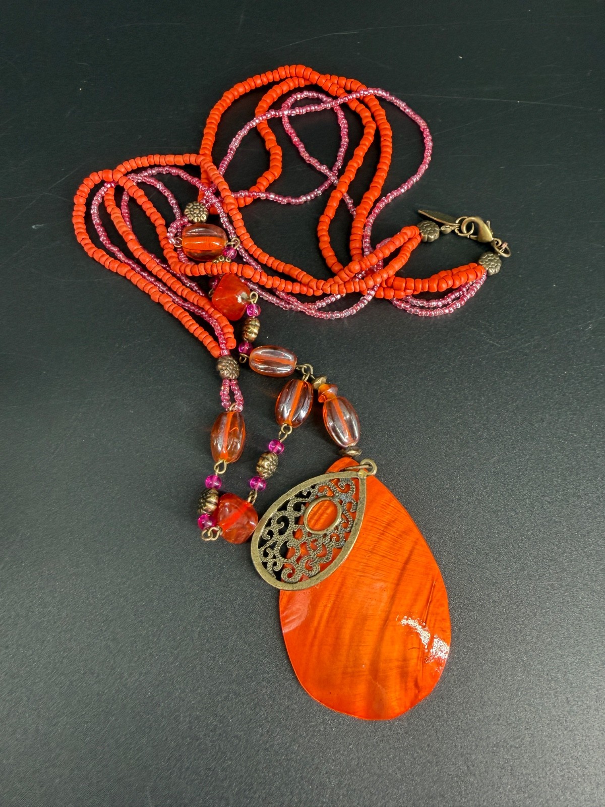 Coldwater Creek Orange Dyed Shell Pendant Seed Bead Necklace 29″