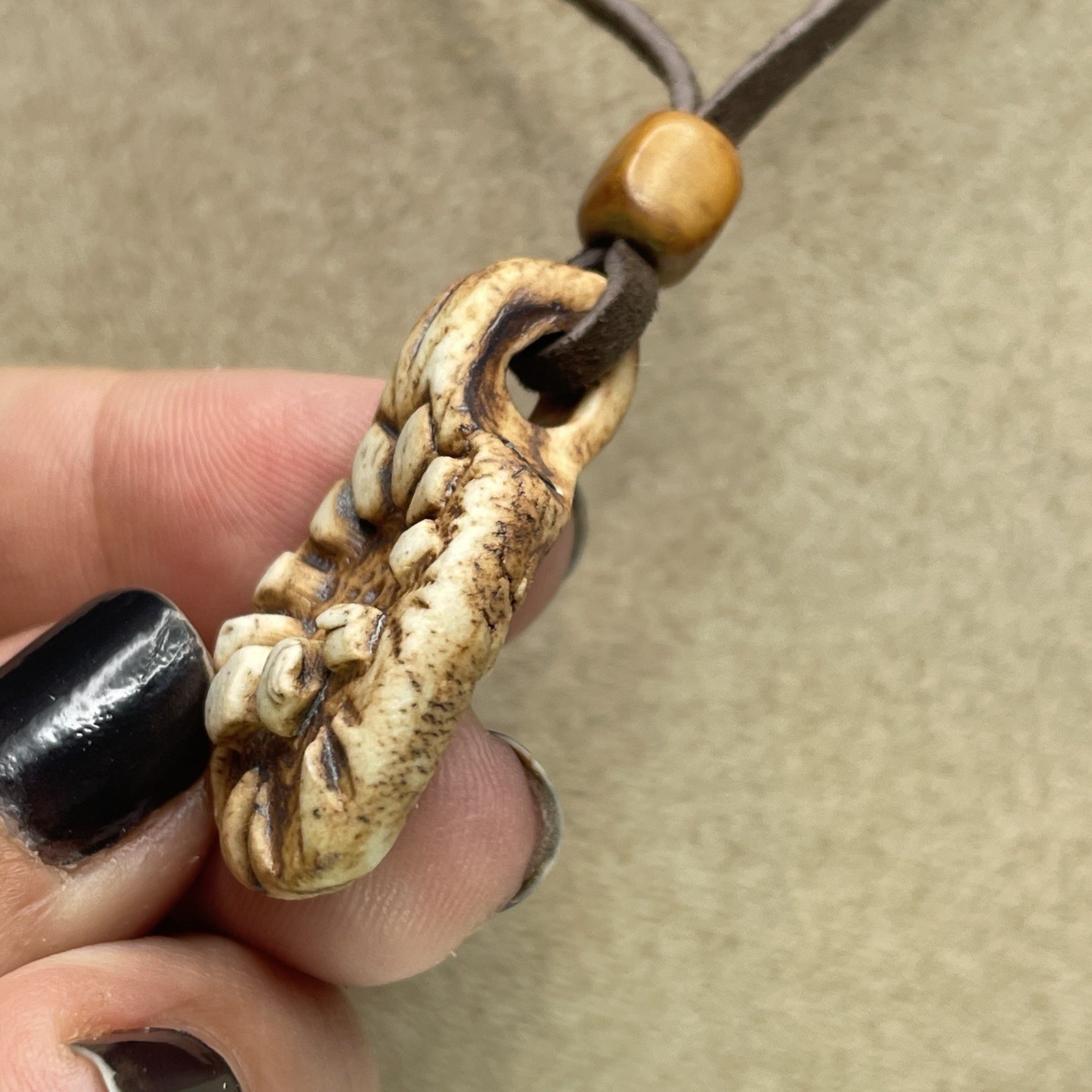 1970s Vintage Cermic Charm necklace Stone Bead Leather Cord Approx 24” Handmade