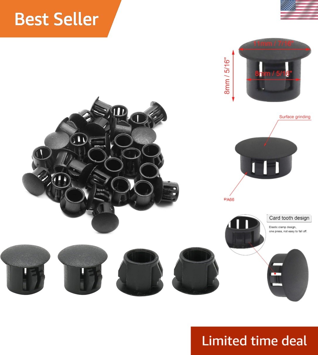 30PCS Black Plastic Hole Plugs 8mm | Flush Type Snap-In End Caps for Furniture