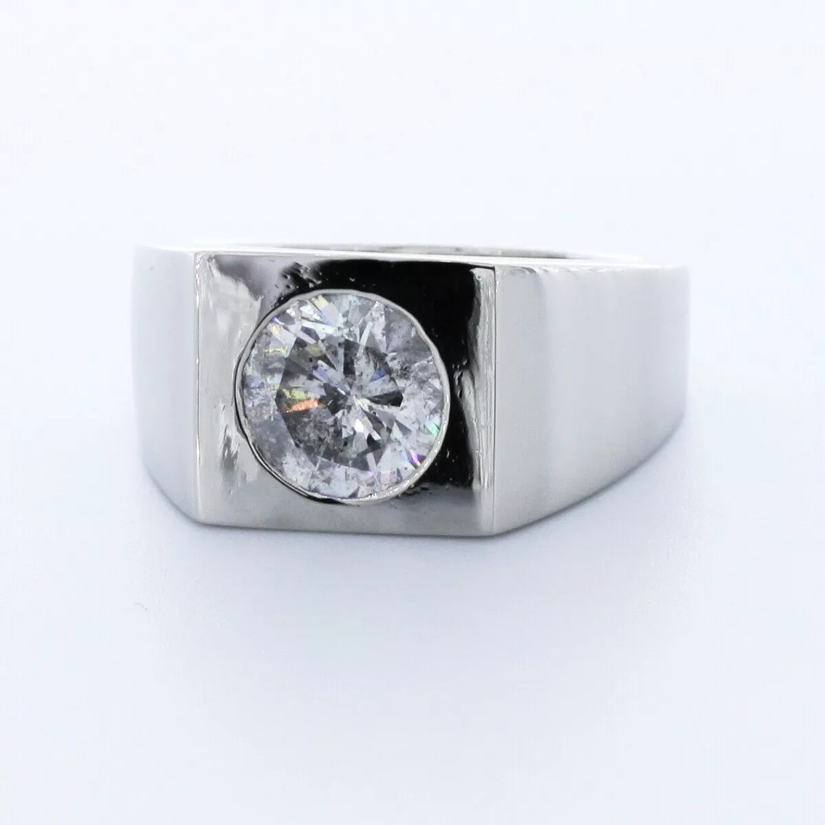 Solitaire Mens Ring Platinum Bezel Set 3.38 Carat Round Lab-Grown Diamond F SI2