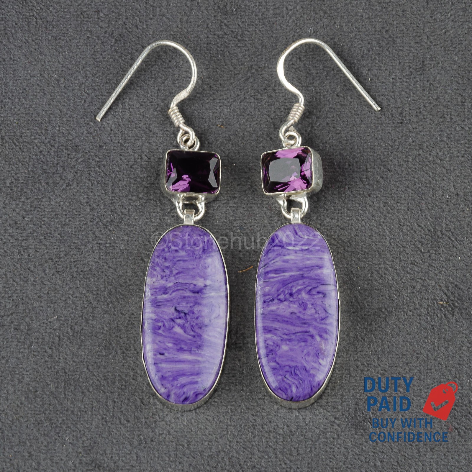 OVAL Genuine CHAROITE 925 Silver Sister Channel Set Anniversary Drop Earrings