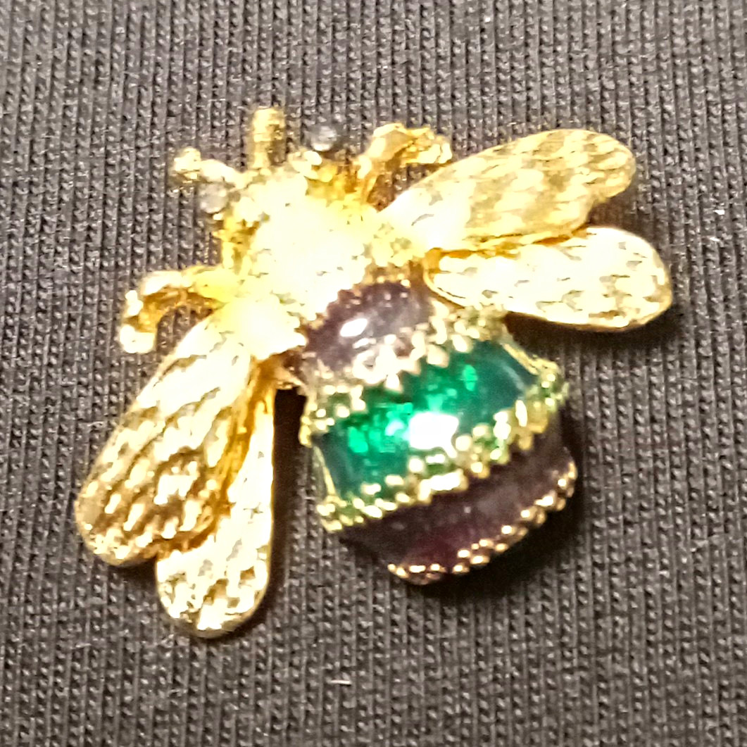 Gold Tone Bee Brooch Pin w/ Green & Black Enamel Animals & Insects Theme