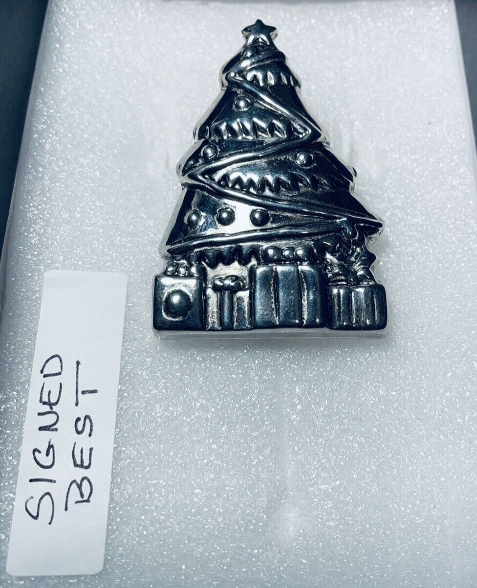 Best Silver Tone Christmas Tree Pendant Brooch Pin – signed BEST 2 1/8in tall