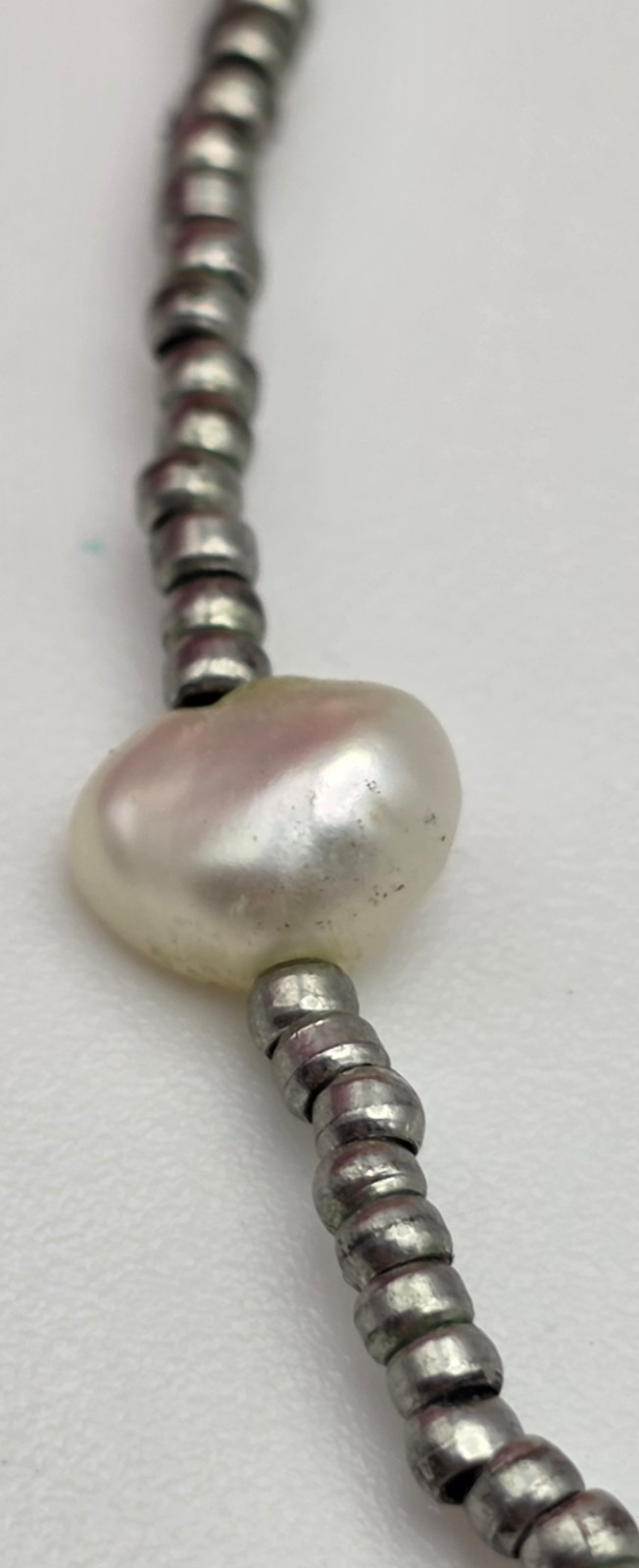 White Natural Baroque Pearl Station Necklace Silver Tone Seed Beads 15 In Vtg.