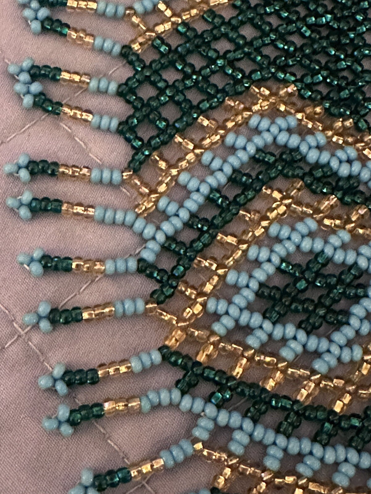 Vintage Bib Blue Green Gold Seed Bead Huichol Fringe Necklace See Desc
