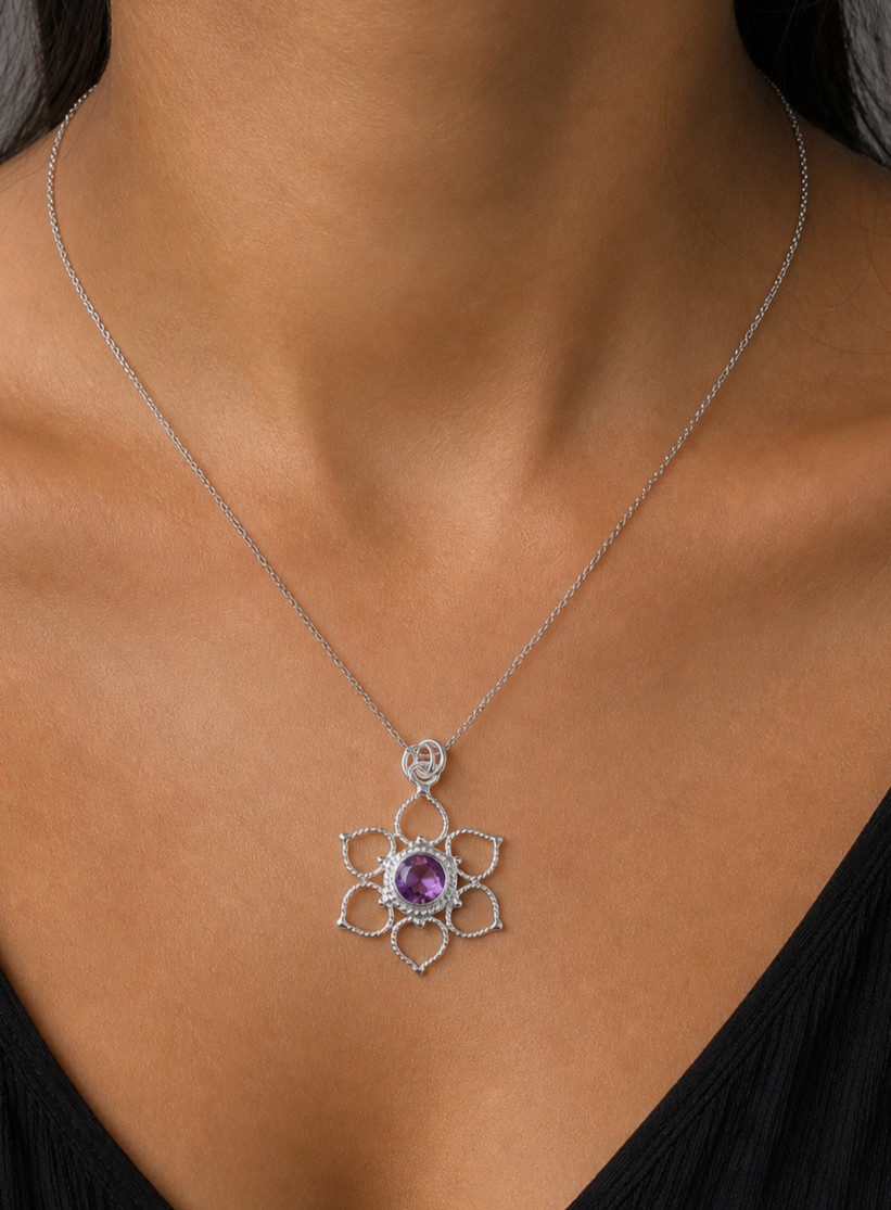 African Amethyst Gemstone Jewelry 925 Silver Handmade Pendant 1.44″ For Mother