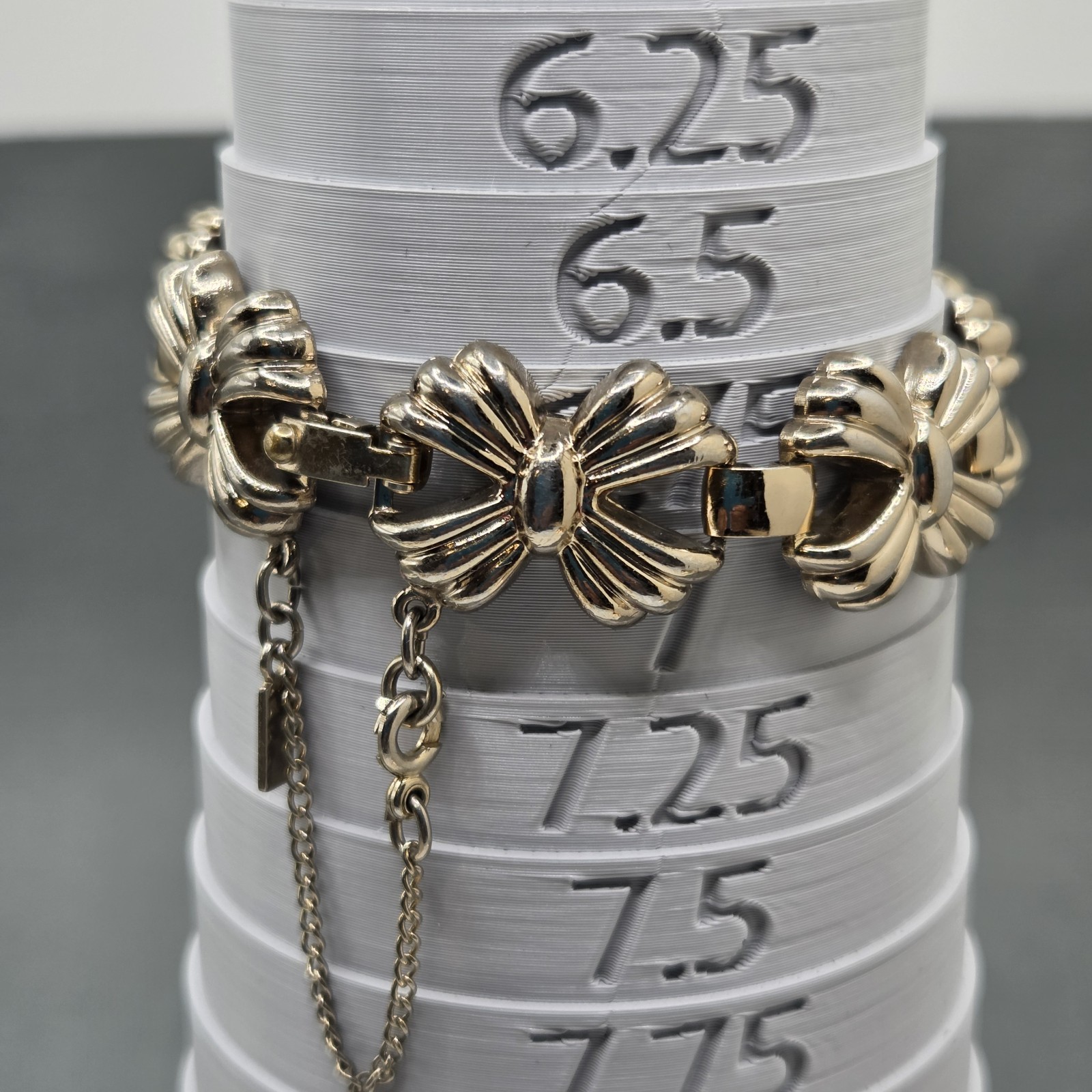 Vintage Monet Gold Tone Bow Bracelet Safety Chain And Clip On Earrings Set SEE