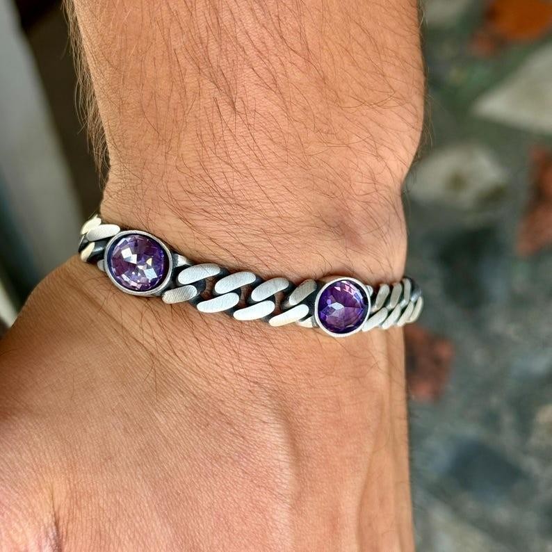 925 Solid Silver Amethyst Curb Chain Bracelet, 10MM Cuban Link Chain Bracelet